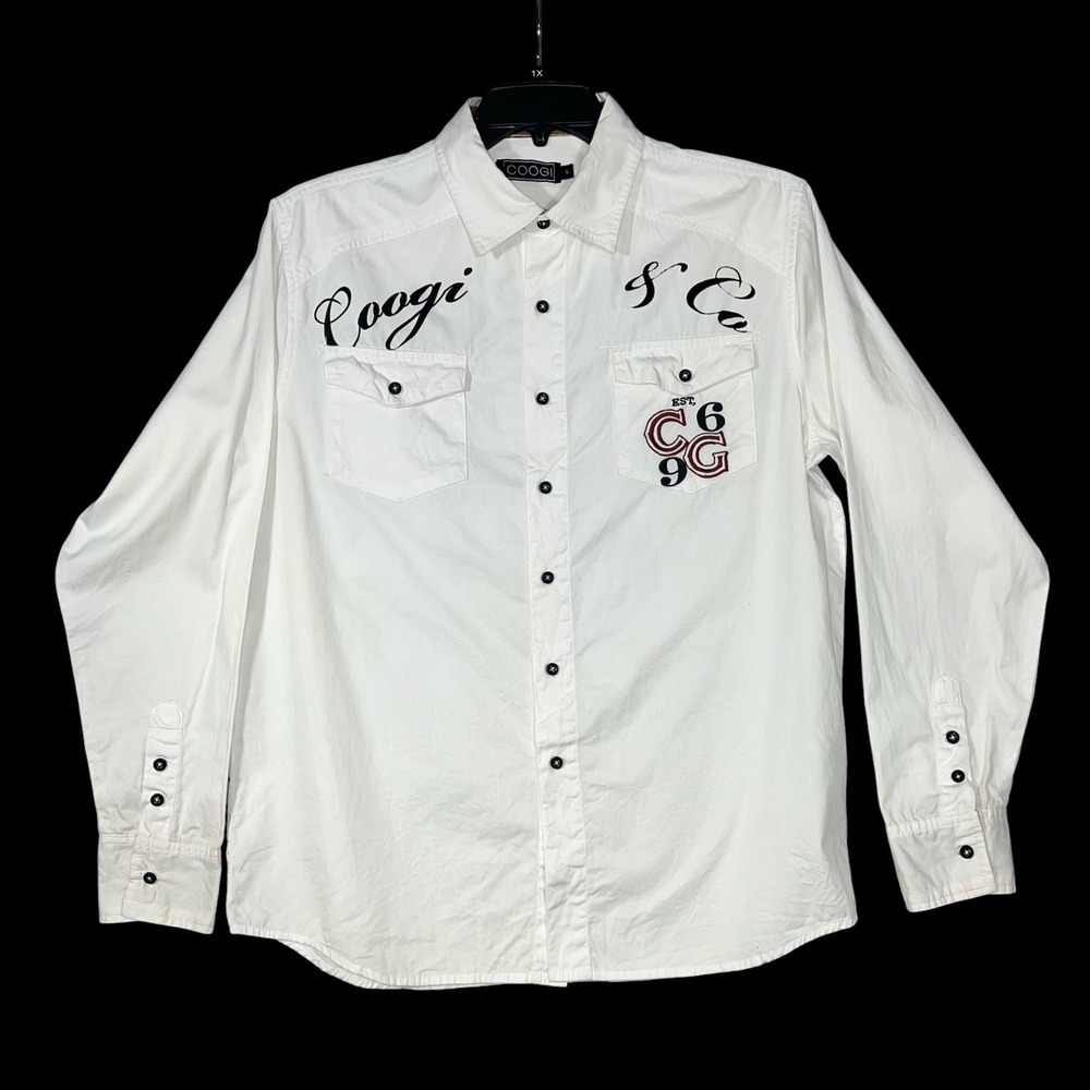 Coogi Button Down Shirt Mens Large White Graphic Back Long Sleeve Plaid Trim